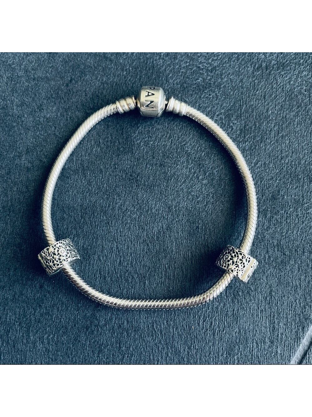 Authentic Pandora Snake Chain Bracelet With 2 Layers of Lace Clip Charm Stoppers